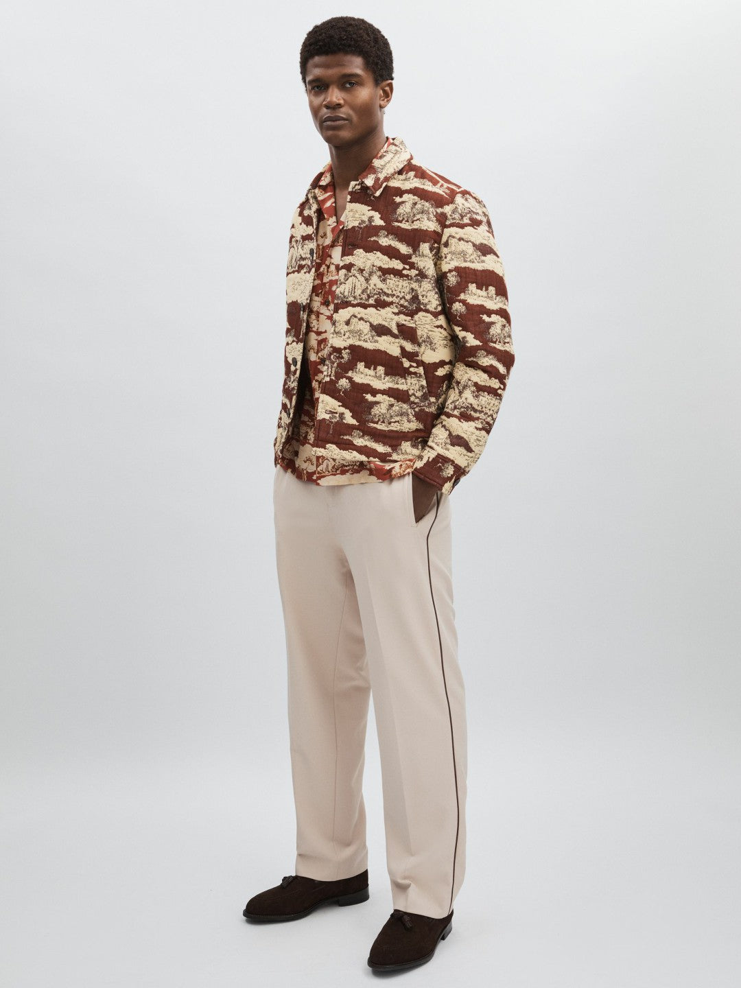 Reiss Sale - Les Deux Woven Ruins Overshirt in Red/Cream