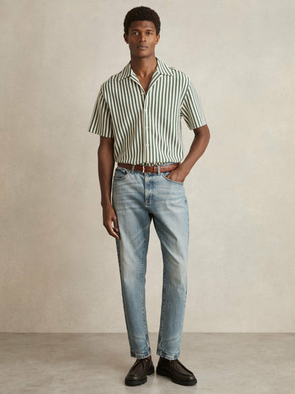 Reiss Affordable - Textured Stripe Cuban-Collar Shirt in Green/White