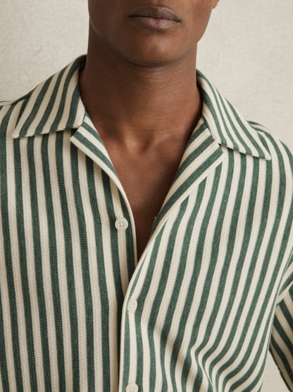 Reiss Affordable - Textured Stripe Cuban-Collar Shirt in Green/White