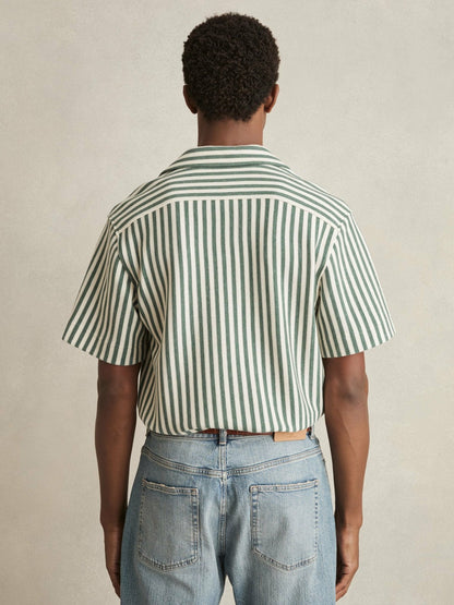 Reiss Affordable - Textured Stripe Cuban-Collar Shirt in Green/White