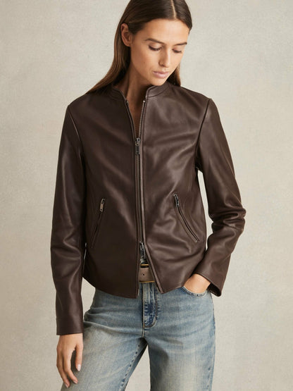 Reiss Value - Leather Collarless Biker Jacket in Chocolate Brown