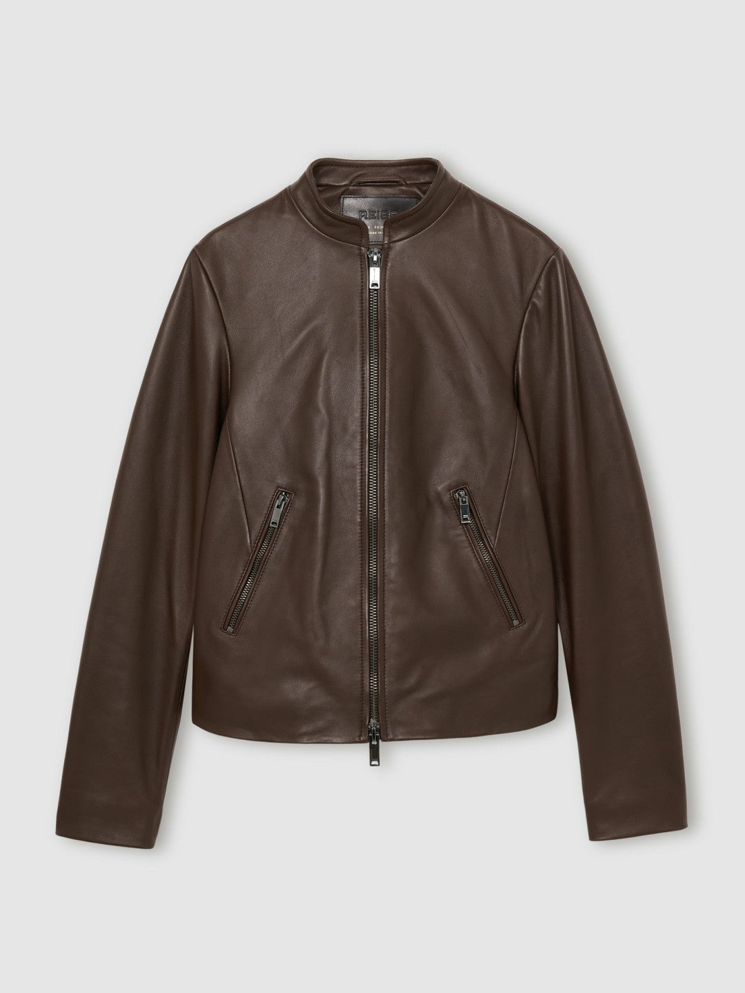 Reiss Value - Leather Collarless Biker Jacket in Chocolate Brown