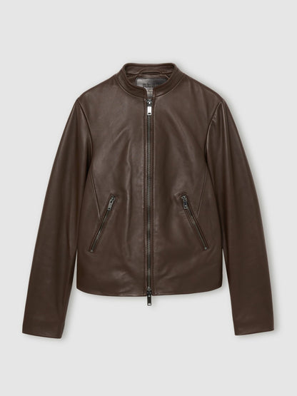Reiss Value - Leather Collarless Biker Jacket in Chocolate Brown