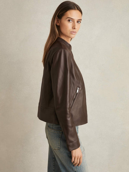 Reiss Value - Leather Collarless Biker Jacket in Chocolate Brown