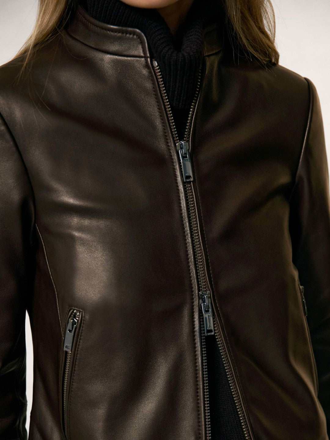 Reiss Value - Leather Collarless Biker Jacket in Chocolate Brown