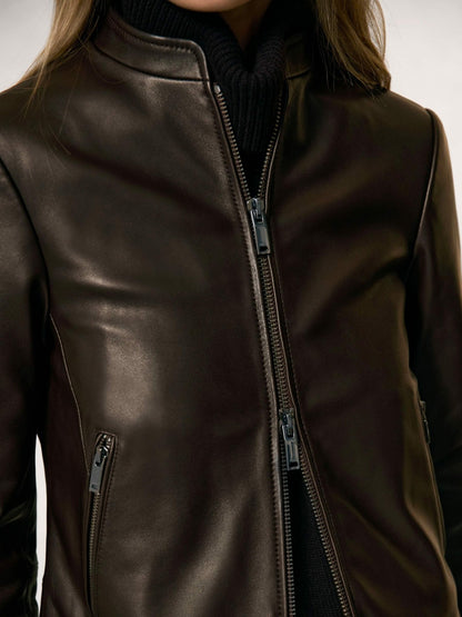 Reiss Value - Leather Collarless Biker Jacket in Chocolate Brown