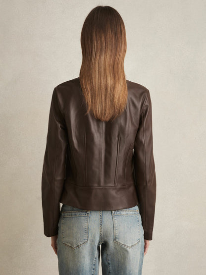 Reiss Value - Leather Collarless Biker Jacket in Chocolate Brown