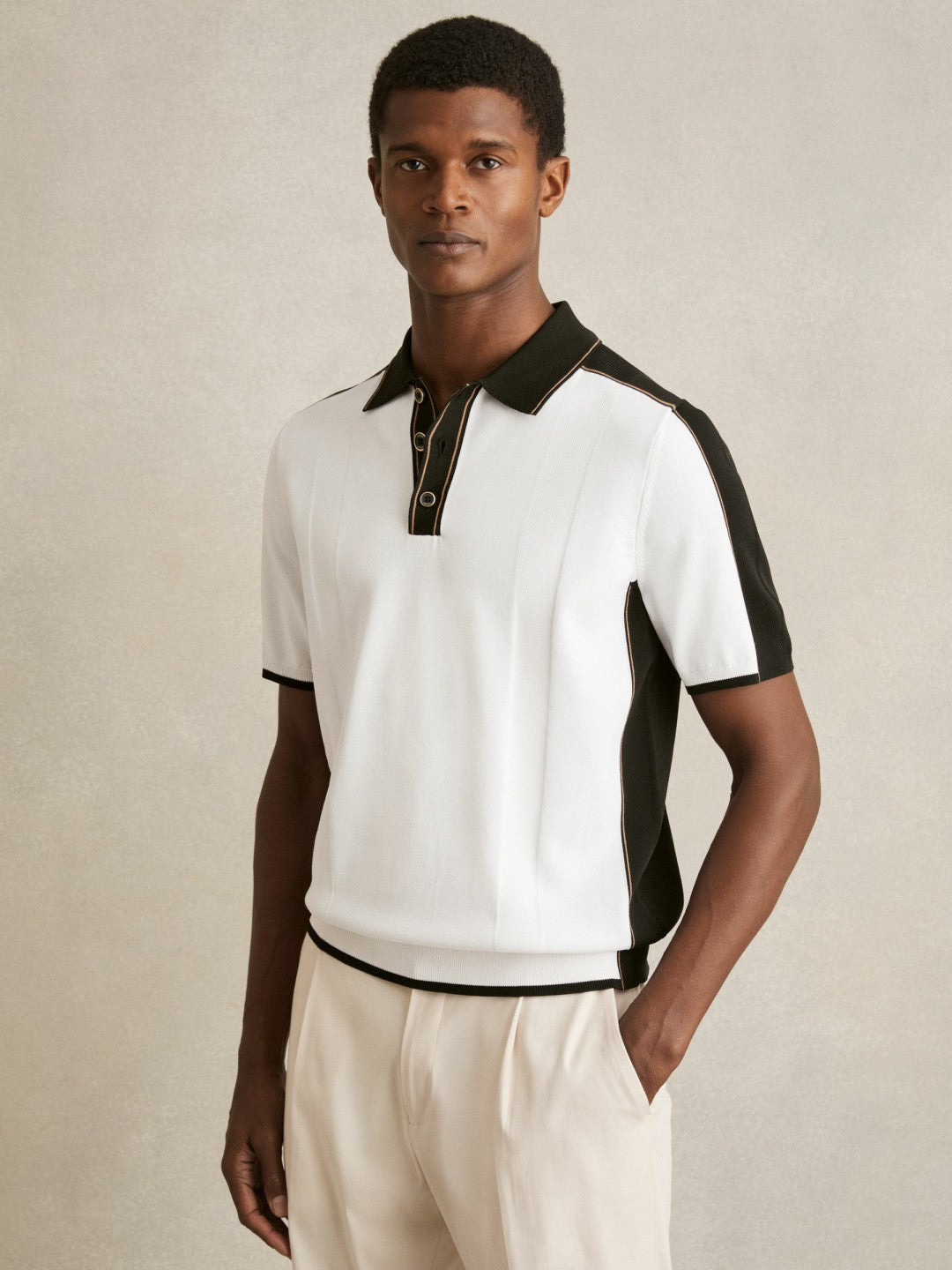 Reiss Deal - Colour-Block Knit Polo Shirt in Optic White/Green
