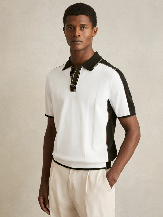 Reiss Deal - Colour-Block Knit Polo Shirt in Optic White/Green