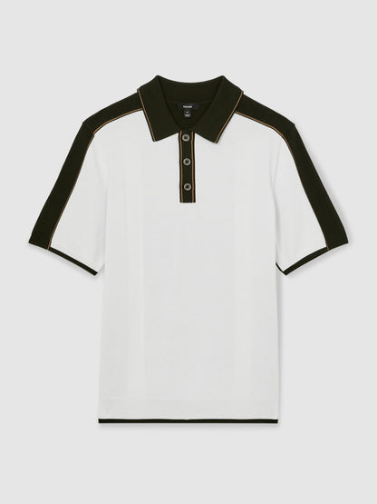Reiss Deal - Colour-Block Knit Polo Shirt in Optic White/Green