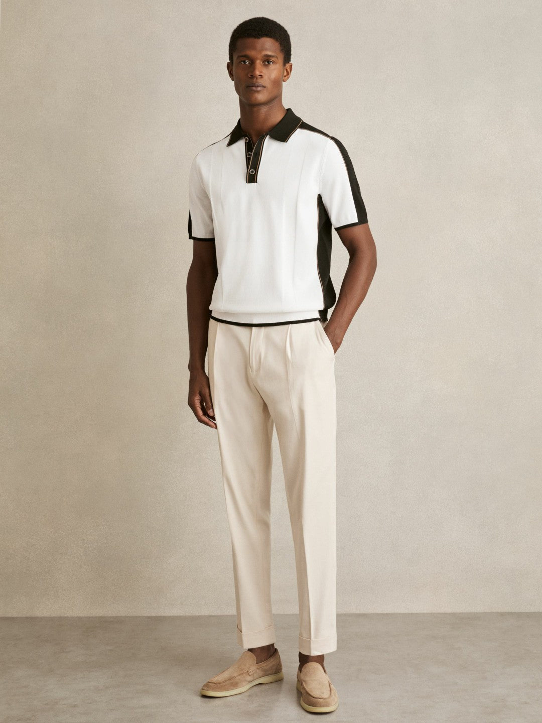 Reiss Deal - Colour-Block Knit Polo Shirt in Optic White/Green