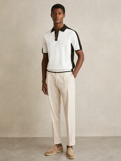 Reiss Deal - Colour-Block Knit Polo Shirt in Optic White/Green