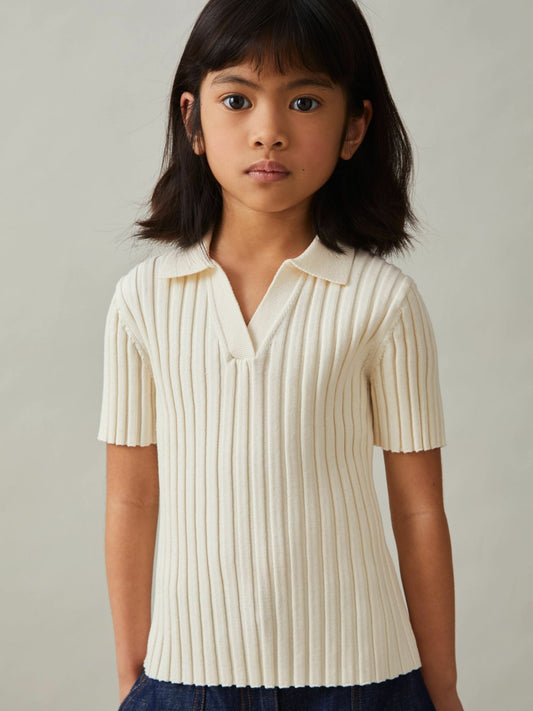 Reiss Value - 9-13 yrs Rib-Knit Polo Top in Ivory