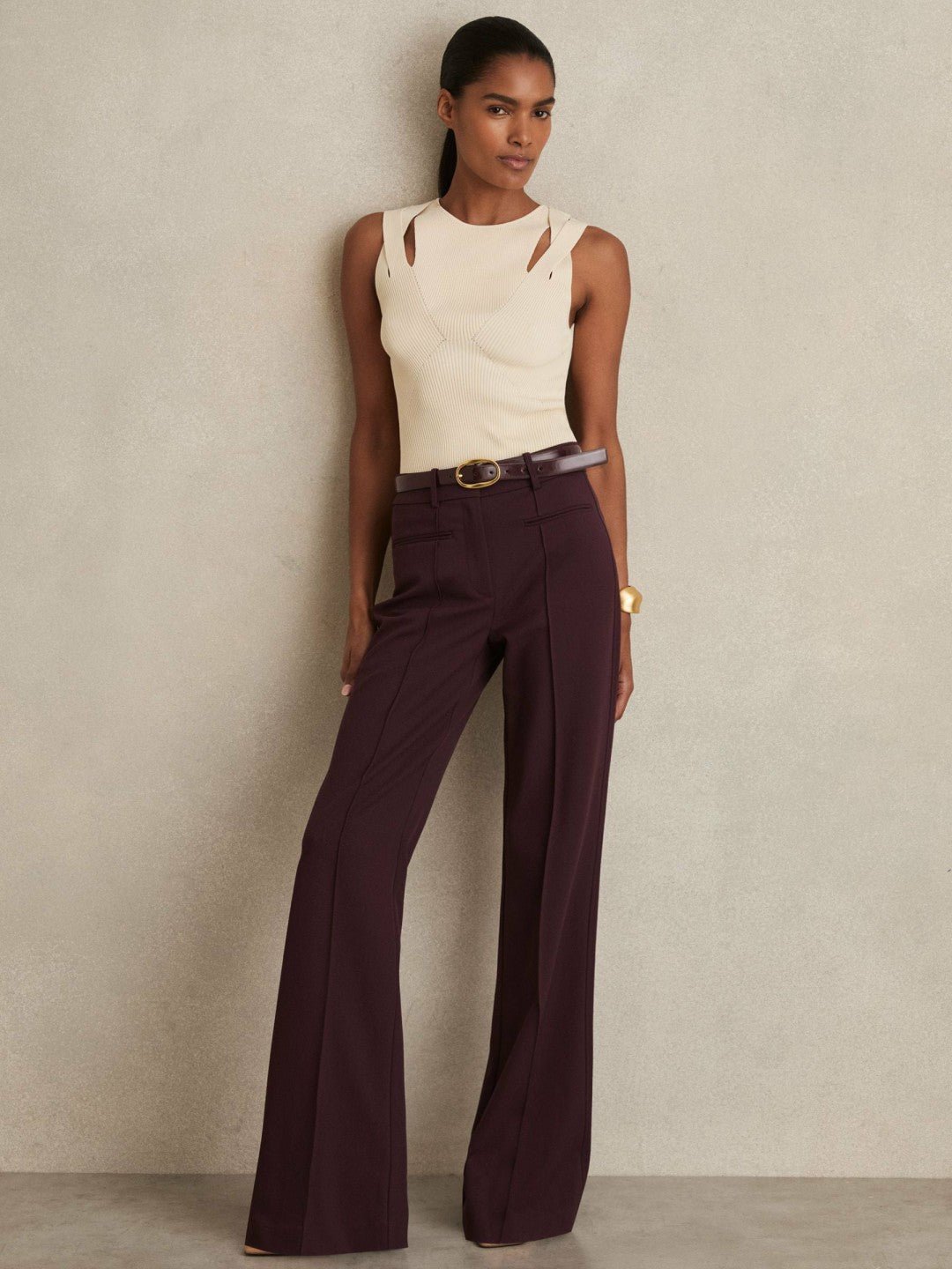 Reiss High Rise Flared Trousers in Burgundy