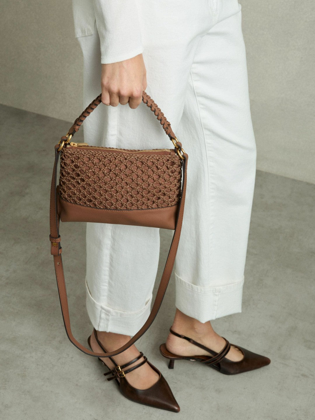 Reiss Best Seller - Weave Cross-Body Bag in Tan