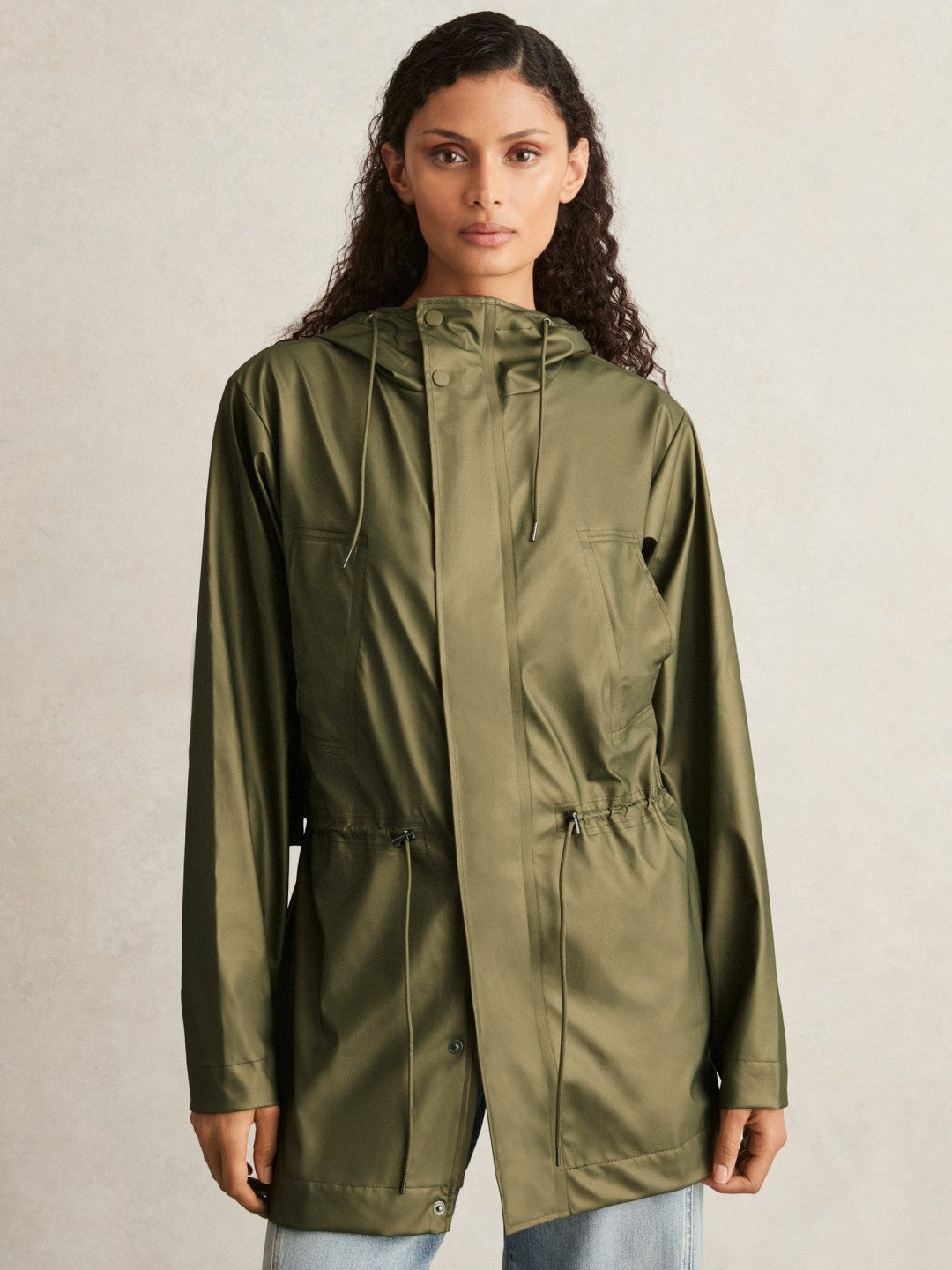 Reiss Sale - Rains Long Hooded Jacket in Revel Brass Green