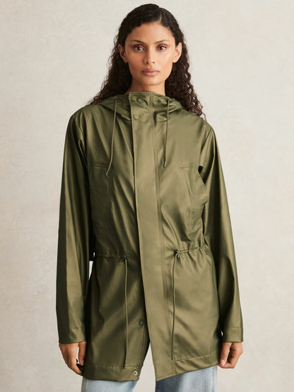 Reiss Sale - Rains Long Hooded Jacket in Revel Brass Green