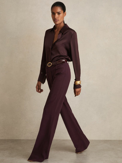 Reiss Best Seller - Petite High Rise Flared Trousers in Burgundy