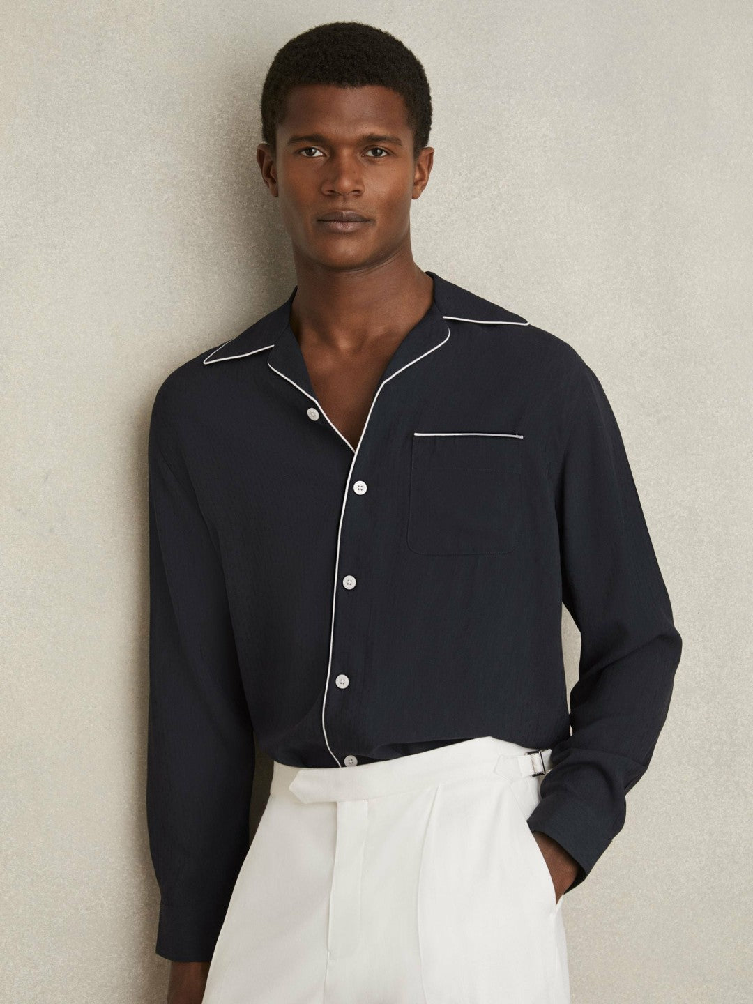 Reiss Cuban Collar Shirt with Piping Detail Shirt in Navy