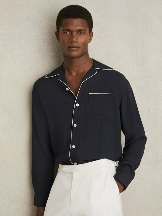 Reiss Affordable - Cuban Collar Shirt with Piping Detail Shirt in Navy