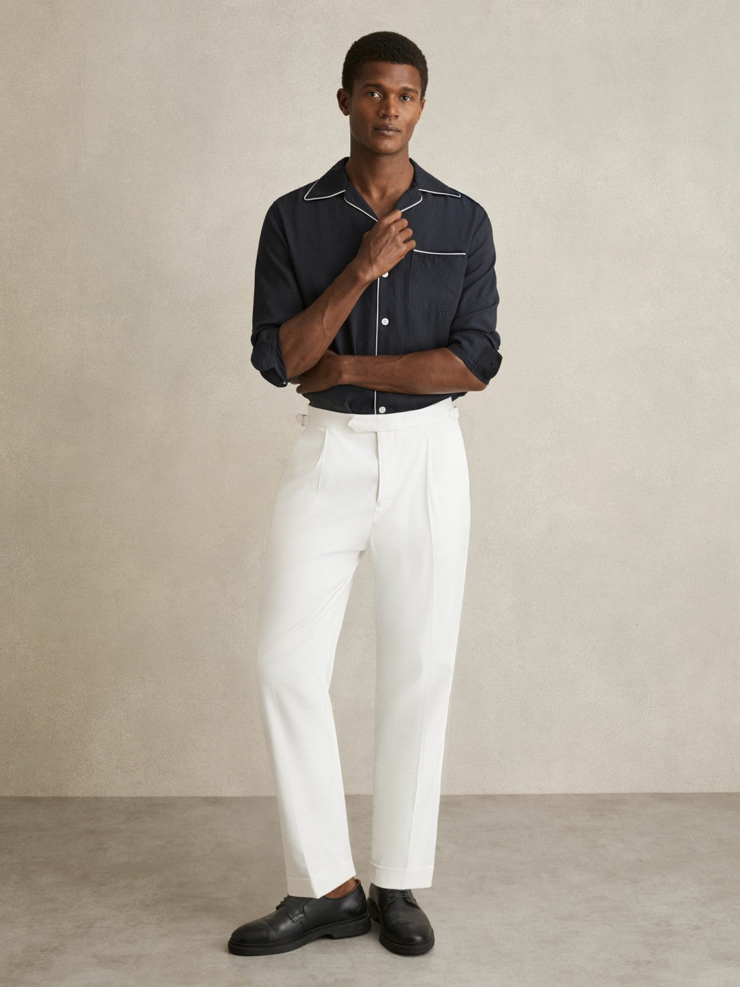 Reiss Cuban Collar Shirt with Piping Detail Shirt in Navy