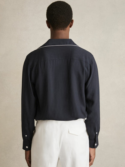 Reiss Cuban Collar Shirt with Piping Detail Shirt in Navy