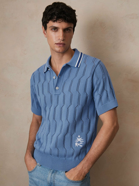 Reiss Savings - | Ché Cotton Pointelle Polo Shirt in Blue