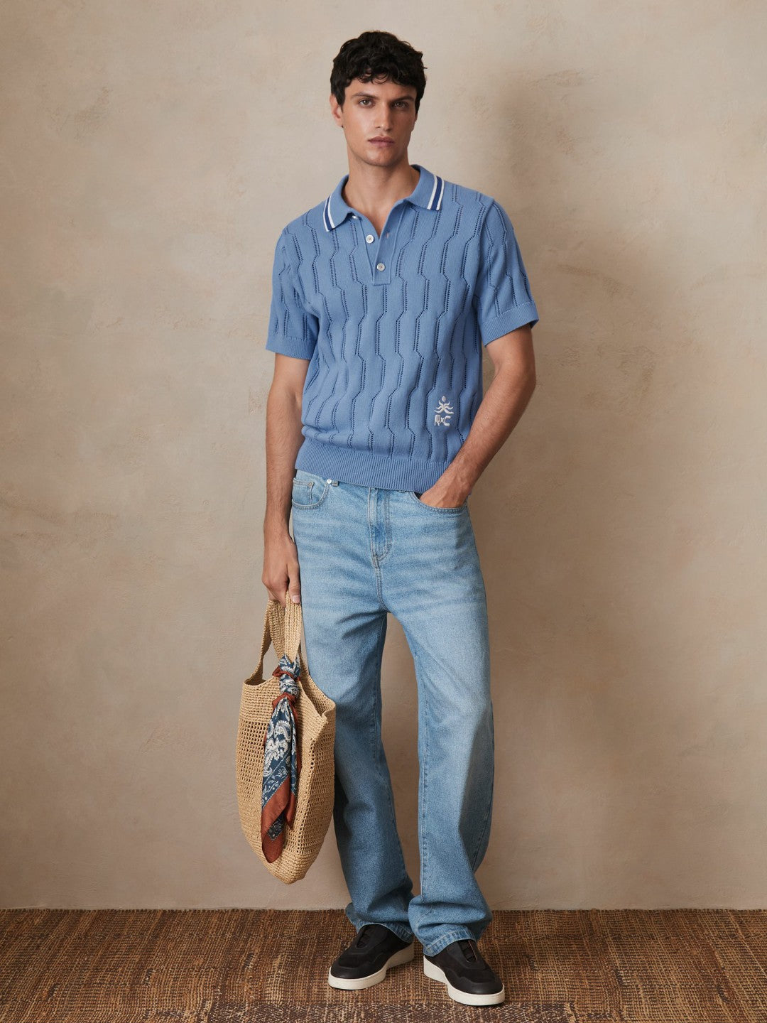 Reiss Savings - | Ché Cotton Pointelle Polo Shirt in Blue