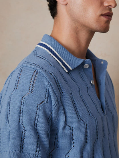 Reiss Savings - | Ché Cotton Pointelle Polo Shirt in Blue