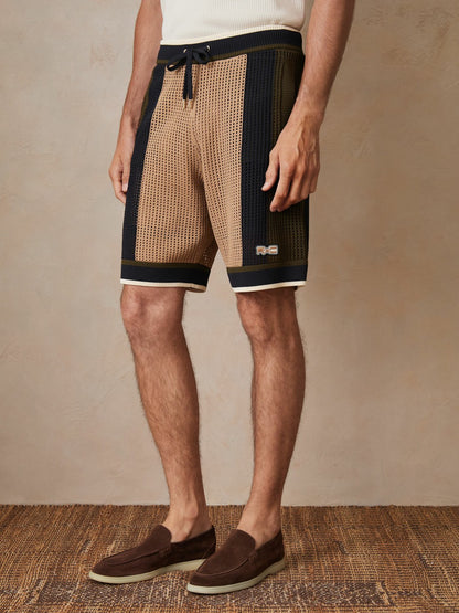 Reiss Best Seller - | Ché Crochet Colour-Block Shorts in Camel/Green