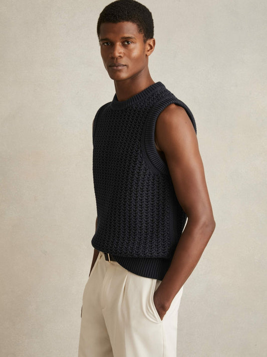 Reiss Savings - Cotton-Blend Crochet Vest in Navy
