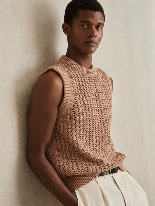 Reiss Deal - Cotton-Blend Crochet Vest in Soft Camel