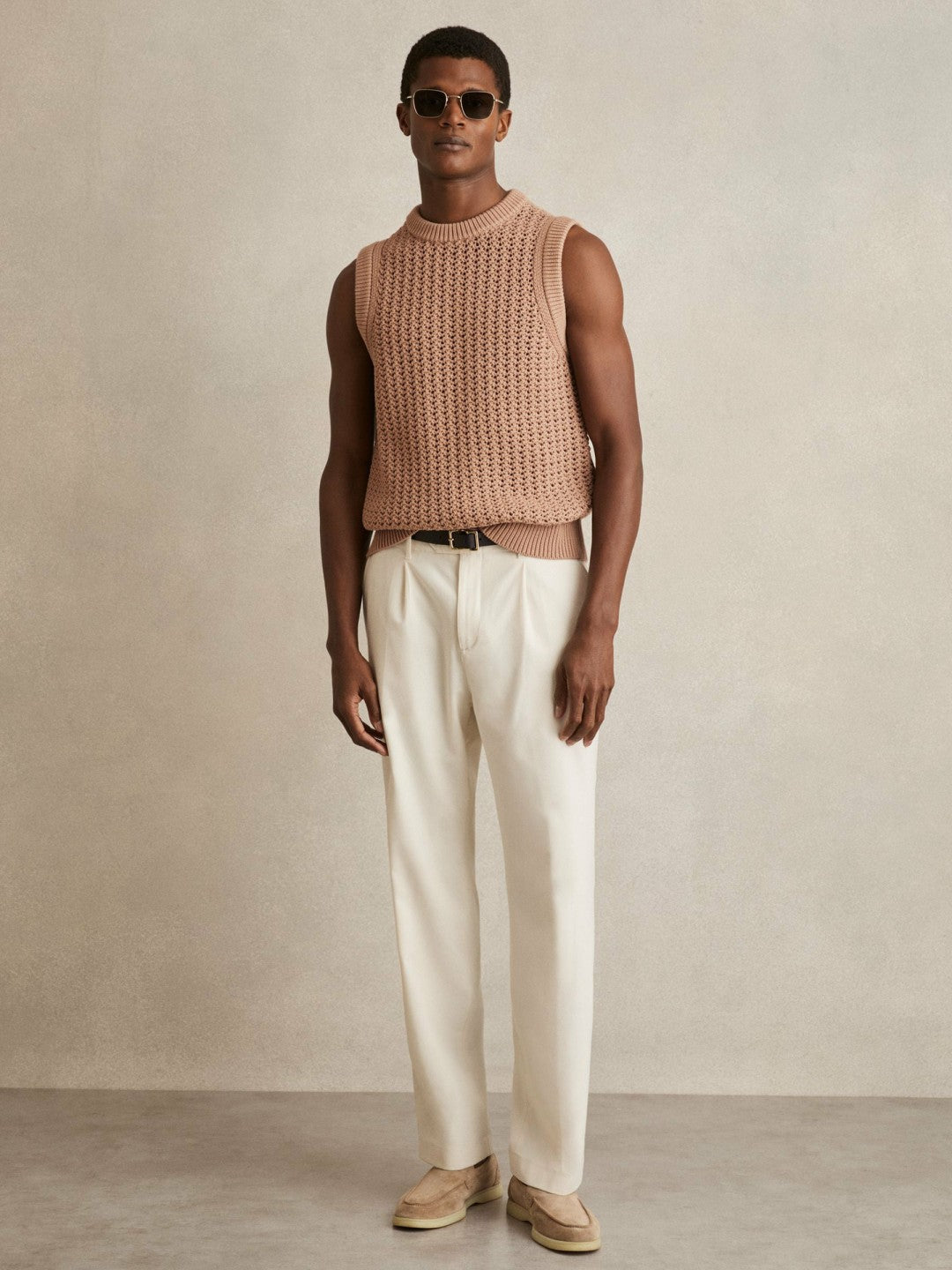 Reiss Deal - Cotton-Blend Crochet Vest in Soft Camel