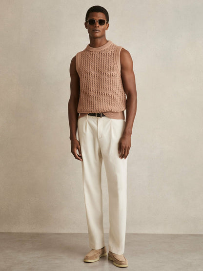 Reiss Deal - Cotton-Blend Crochet Vest in Soft Camel