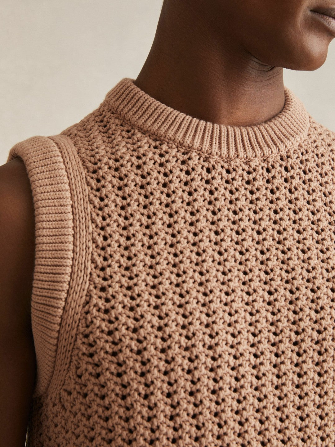 Reiss Deal - Cotton-Blend Crochet Vest in Soft Camel