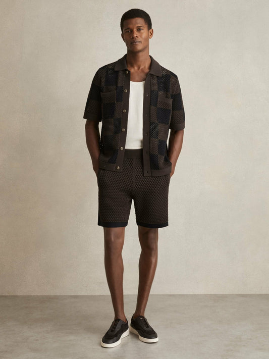 Reiss Sale - Cotton-Blend Crochet Shorts in Chocolate/Navy