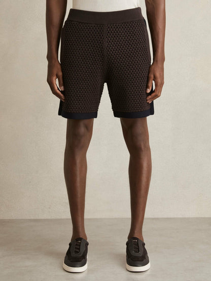 Reiss Sale - Cotton-Blend Crochet Shorts in Chocolate/Navy