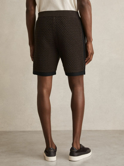 Reiss Sale - Cotton-Blend Crochet Shorts in Chocolate/Navy