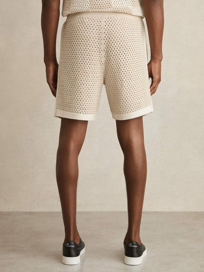 Reiss Sale - Cotton-Blend Crochet Shorts in Taupe/Off White