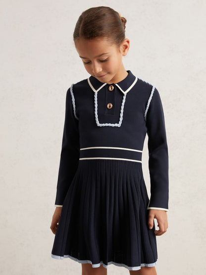 Reiss Popular Choice - 3-9 yrs Piped Knitted Skater Dress in Navy
