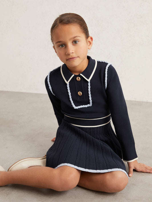 Reiss Sale - 9-13 yrs Piped Knitted Skater Dress in Navy