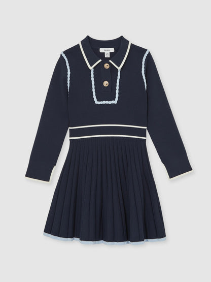 Reiss Sale - 9-13 yrs Piped Knitted Skater Dress in Navy