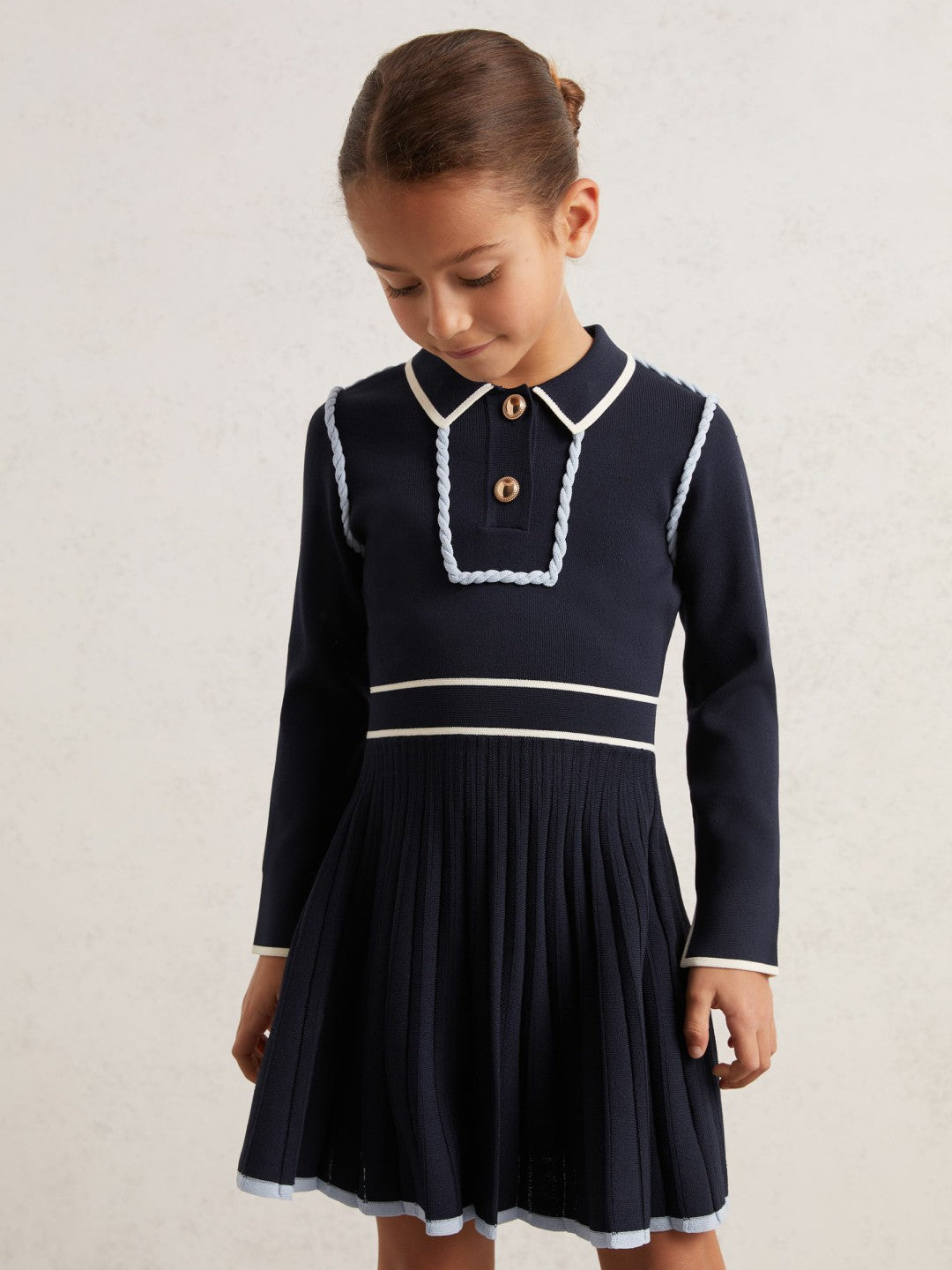 Reiss Sale - 9-13 yrs Piped Knitted Skater Dress in Navy