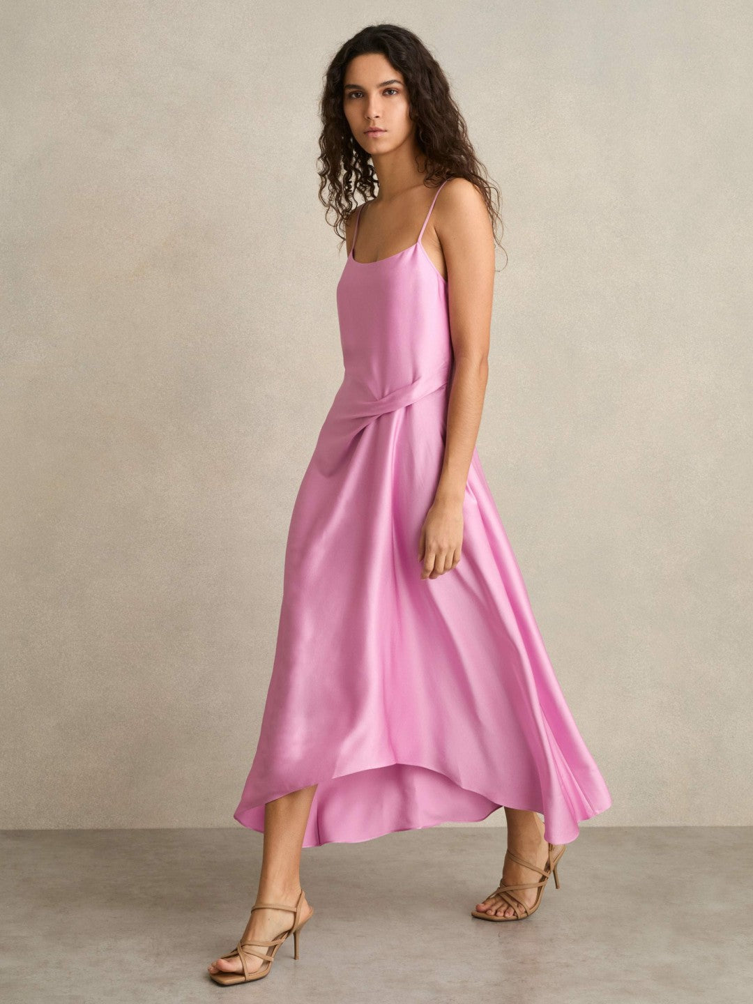 Reiss Popular Choice - Satin Drape-Detail Slip Dress in Pink