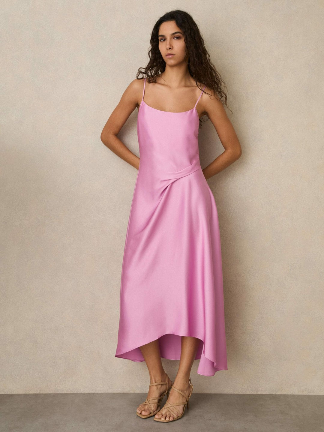 Reiss Popular Choice - Satin Drape-Detail Slip Dress in Pink