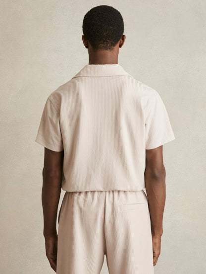 Reiss Savings - Textured-Knit Cuban-Collar Shirt in Champagne