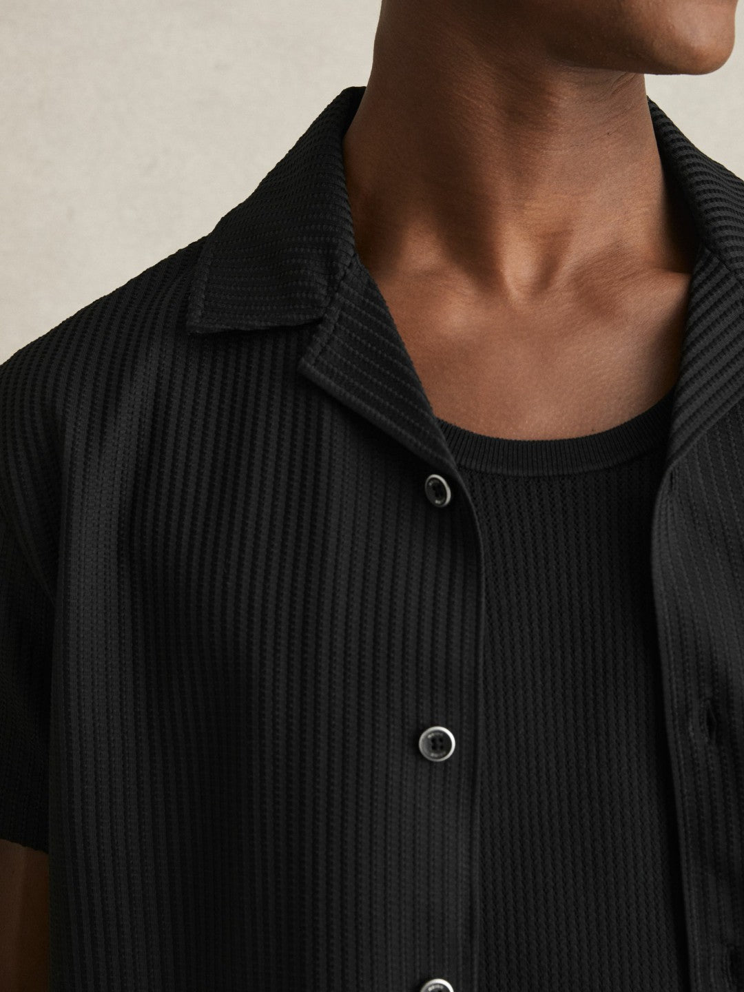 Reiss Deal - Textured-Knit Cuban-Collar Shirt in Black