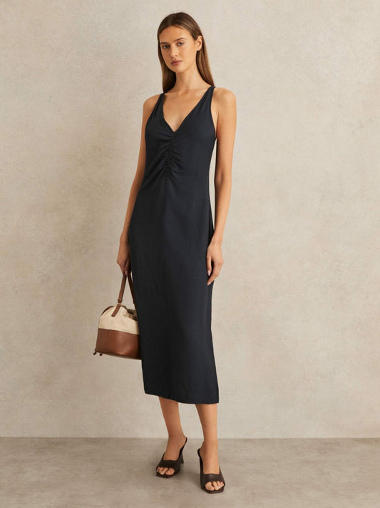 Reiss Affordable - Ruched Sleeveless Midi Dress With Linen in Navy