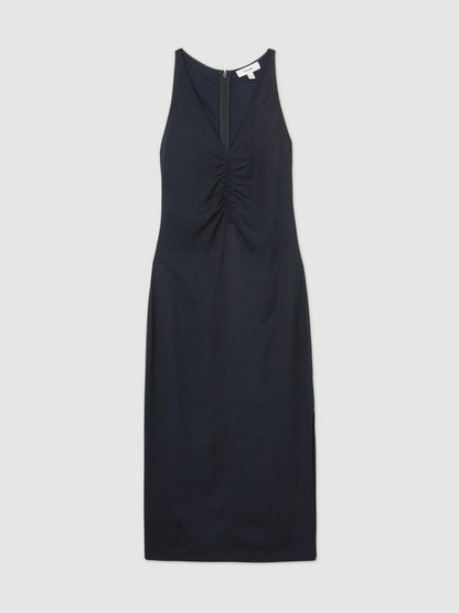 Reiss Ruched Sleeveless Midi Dress With Linen in Navy