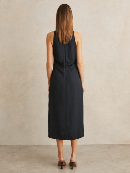 Reiss Ruched Sleeveless Midi Dress With Linen in Navy